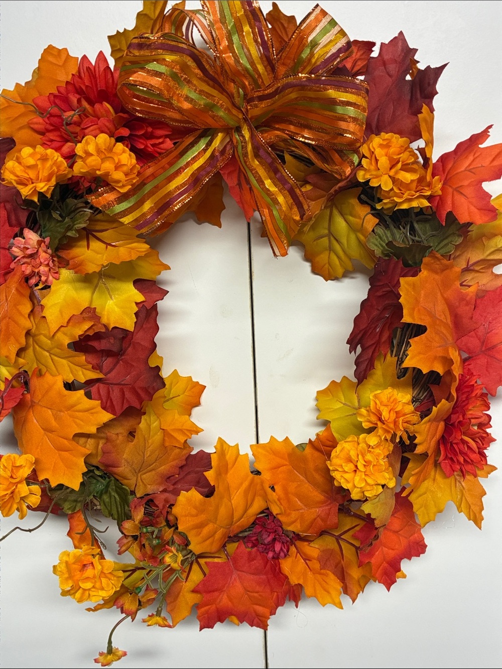 Autumn Harvest Fall Leaf Wreath with Ribbon Bow